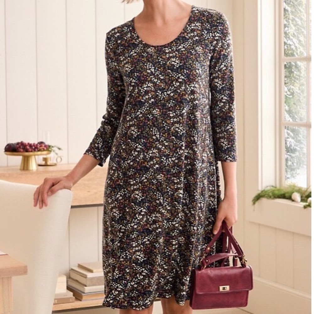 Garnet Hill Floral A-Line Dress Womens Size M Black Multi 3/4 Sleeve Tencel Knit